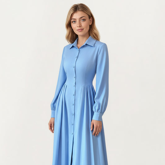 Long Sleeve Button Front Maxi Dress with Structured Collar, Pleated Dress Paneling and Smooth Fabric Finish