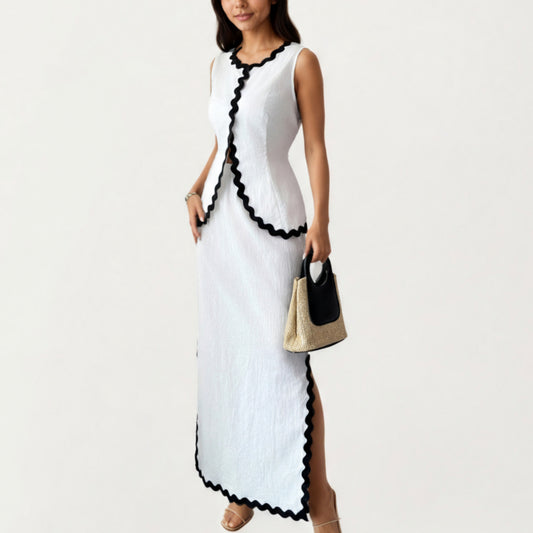 Sleeveless Maxi Dress with Wavy Contrast Trim, Textured Fabric Finish and Side Slit Detail