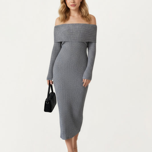 Off-Shoulder Ribbed Knit Midi Dress with Foldover Neckline and Sleek Fitted Silhouette