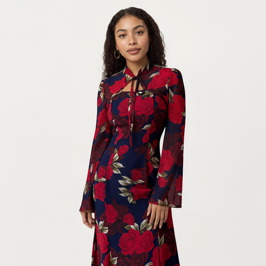 Floral Print Maxi Dress with Long Flared Sleeves, High Neckline, Front Tie Detail and Flowing A-Line Silhouette