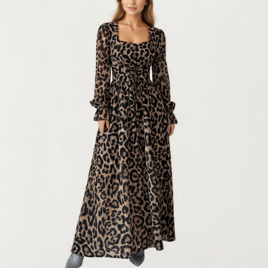 Leopard Print Maxi Dress with Square Neckline, Long Ruffled Cuff Sleeves and Fitted Waist Creating a Flowing A-Line Silhouette