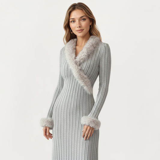 Rib Knit Midi Dress with Faux Fur Trim, Wrap V-Neckline, Long Slim Sleeves and Form-Fitting Silhouette for Elevated Styling
