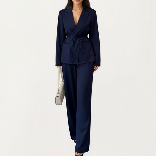 Tailored Blazer and Wide Leg Pants Set with Notched Lapel, Adjustable Tie Waist and Smooth Woven Fabric for Refined Styling