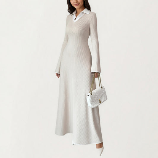 Rib Knit Maxi Dress with Contrast Collar Detail, Long Sleeve Silhouette and Soft Stretch Texture for Refined Everyday Styling