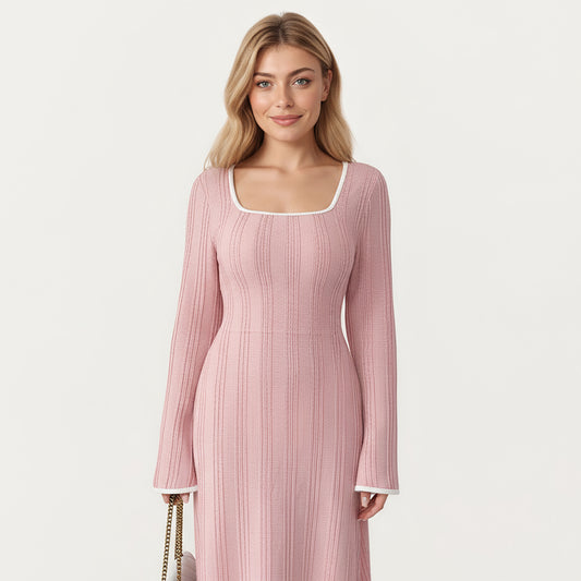 Rib Knit Maxi Dress with Square Neckline, Long Sleeve Silhouette and Soft Textured Detailing for Refined Everyday Styling