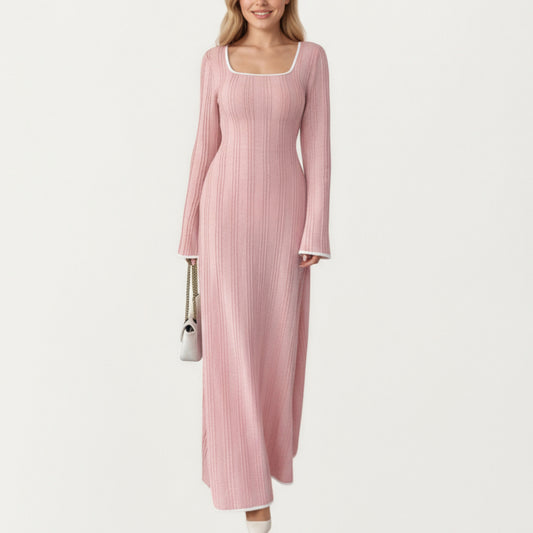 Rib Knit Maxi Dress with Square Neckline, Long Sleeve Silhouette and Soft Textured Detailing for Refined Everyday Styling