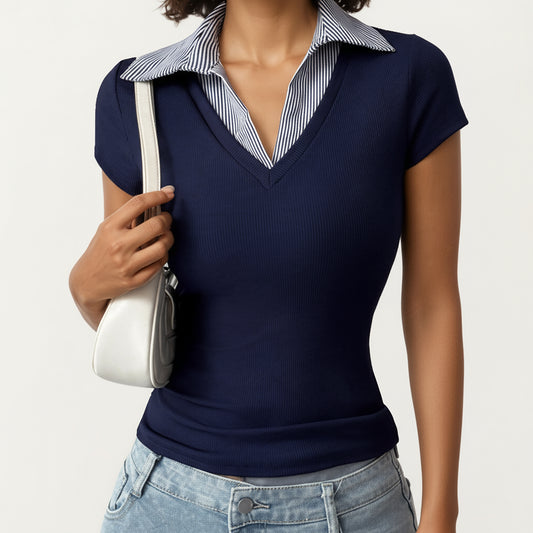 Short Sleeve Knit Top with Striped Collar Insert and V-Neckline