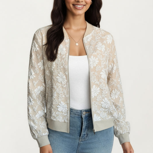 Sheer Floral Lace Bomber Jacket with Ribbed Trim and Front Zip Closure