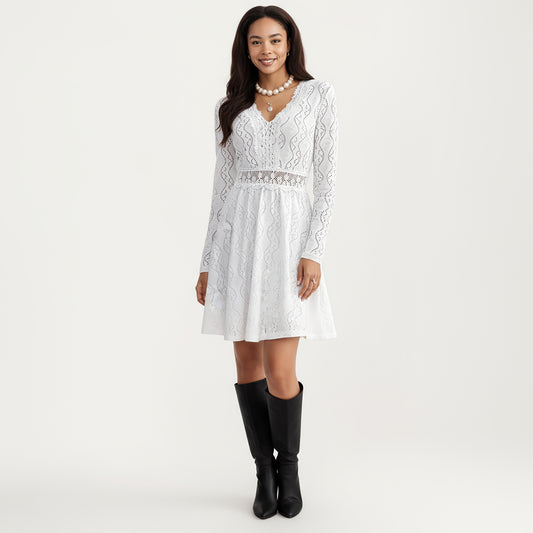 Long Sleeve Lace Mini Dress with V-Neckline and Sheer Waist Detail