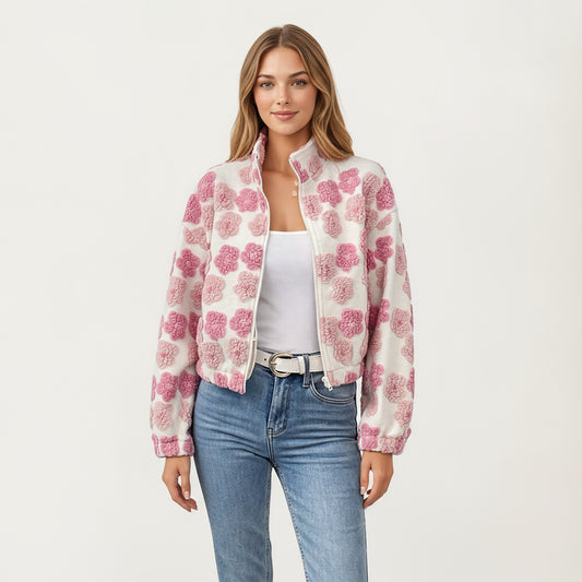 Zip-Up Jacket with 3D Floral Pattern and Elastic Hem
