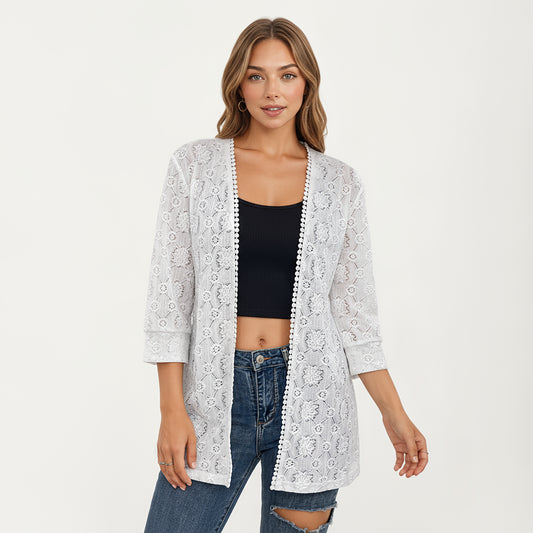 3/4 Sleeve Open Front Lace Kimono Cardigan with Floral Crochet Detailing