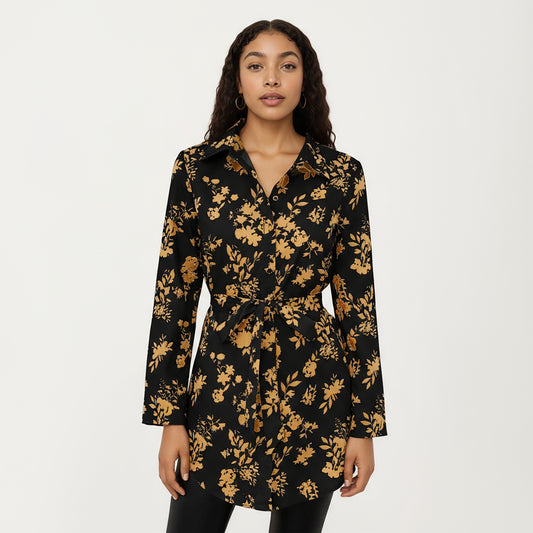 Long Sleeve Button-Down Tunic Shirt with Waist Tie and Floral Print
