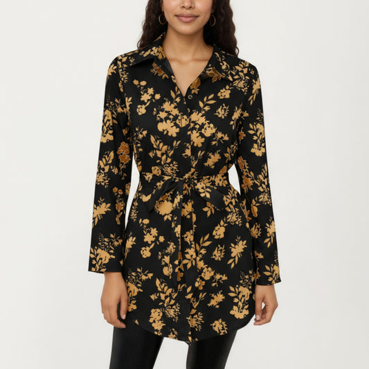 Long Sleeve Button-Down Tunic Shirt with Waist Tie and Floral Print