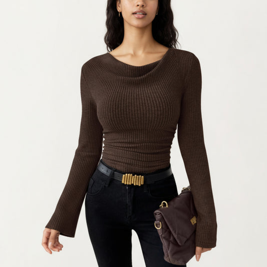 Long Sleeve Ribbed Knit Top with Draped Cowl Neckline