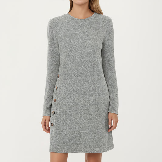 Long Sleeve Knit Dress with Side Button Detail and Crew Neckline
