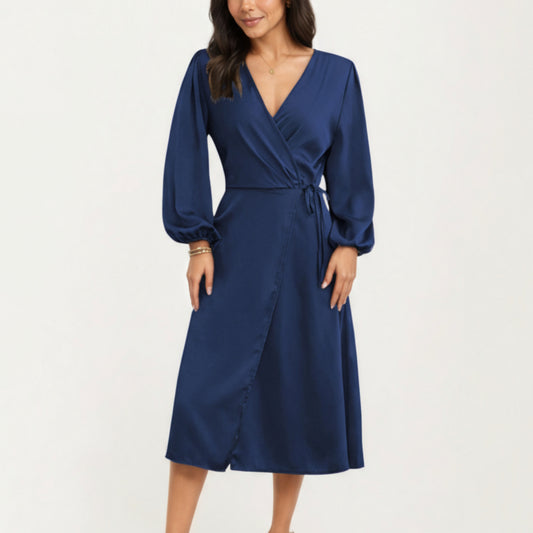 Long Sleeve Wrap Midi Dress with V-Neckline and Side Tie Waist