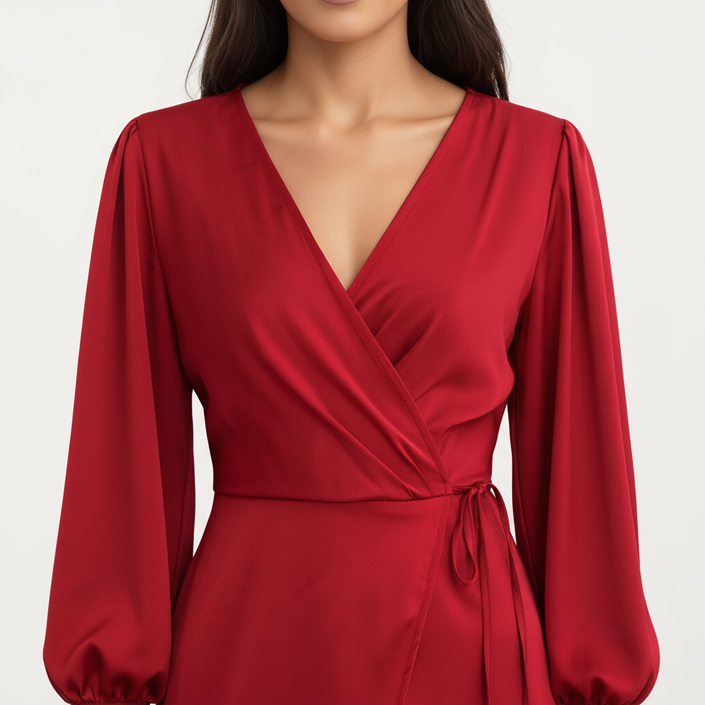 Long Sleeve Wrap Midi Dress with V-Neckline and Side Tie Waist