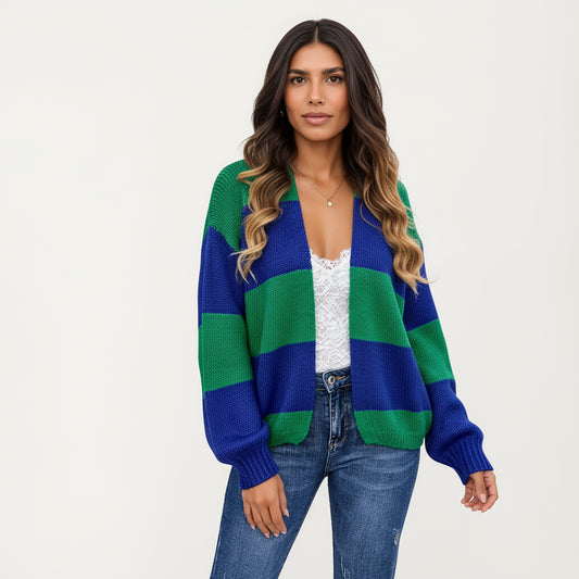 Bold Stripe Knit Cardigan with Ribbed Hem and Balloon Sleeves