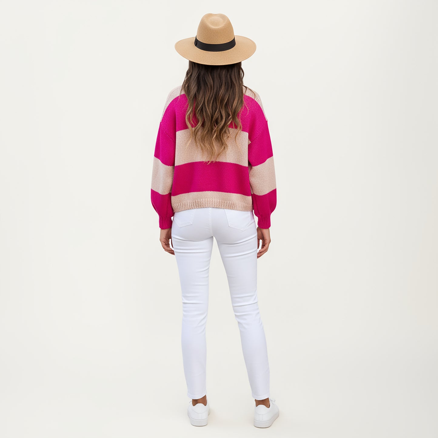 Bold Stripe Knit Cardigan with Ribbed Hem and Balloon Sleeves