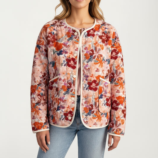 Floral Print Button-Up Quilted Jacket with Front Pockets and Contrast Trim