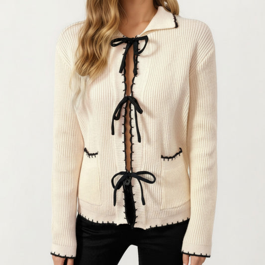 Long Sleeve Rib Knit Cardigan with Contrast Trim and Front Bow Tie Closures
