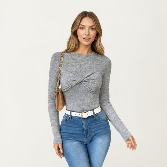 Long Sleeve Twist Front Knit Top with Fitted Silhouette and Crew Neckline