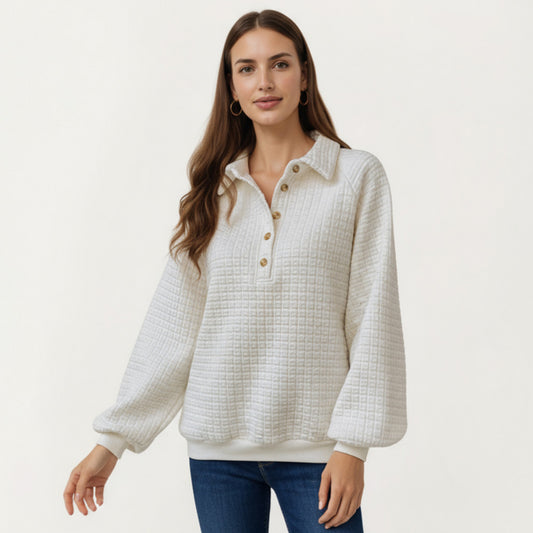 Long Sleeve Waffle Knit Pullover Top with Button Placket and Collared Neckline