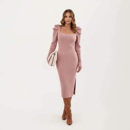 Long Sleeve Ribbed Knit Midi Dress with Square Neckline and Shoulder Ruffle Detail