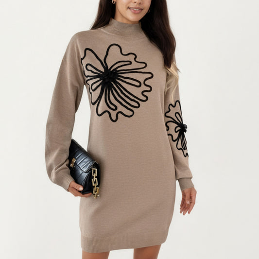 Long Sleeve Turtleneck Sweater Dress with Abstract Floral Appliqu¨¦ Design