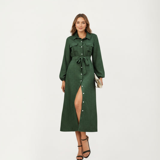 Long Sleeve Button-Down Midi Shirt Dress with Waist Tie and Front Slit