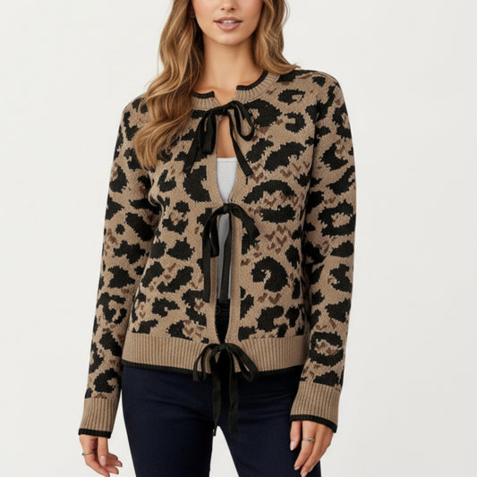 Leopard Print Knit Cardigan with Front Tie Closures and Ribbed Trim
