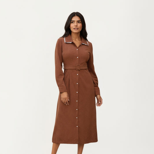 Long Sleeve Button-Down Midi Dress with Belted Waist and Contrast Trim Collar