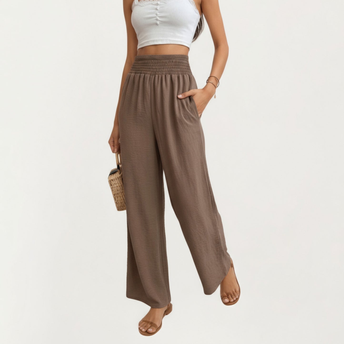 High Waist Smocked Wide Leg Pants with Side Pockets and Relaxed Fit