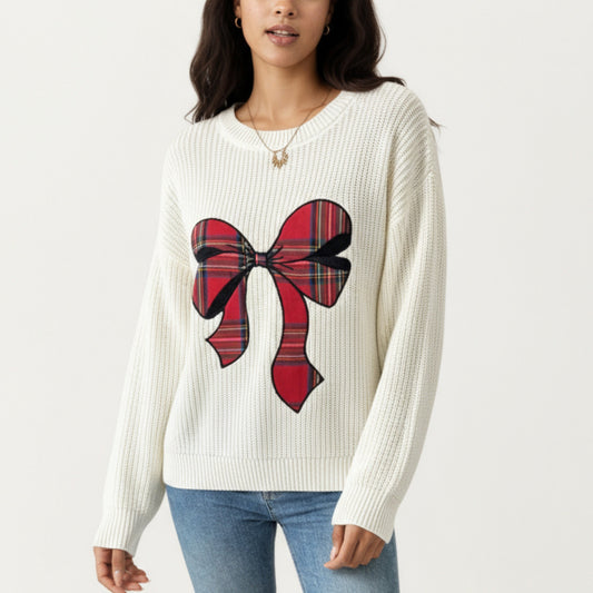 Long Sleeve Knit Sweater with Plaid Bow Front Detail and Ribbed Hem