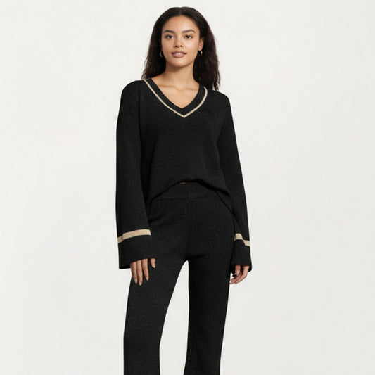 2-Piece Set Knit V-Neck Top and Flare Pants with Contrast Trim Details
