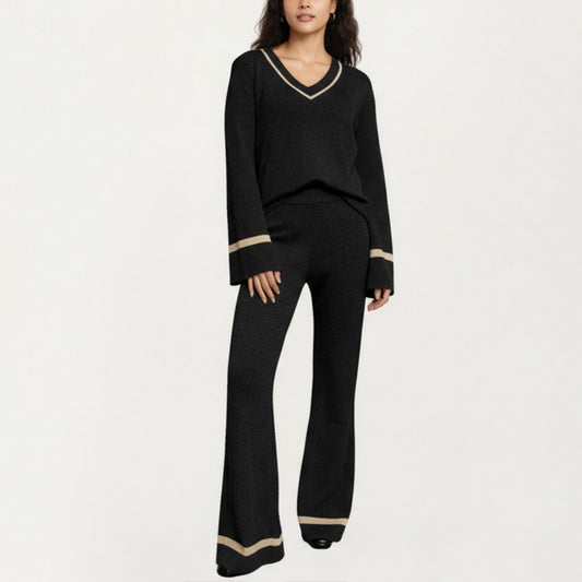 2-Piece Set Knit V-Neck Top and Flare Pants with Contrast Trim Details
