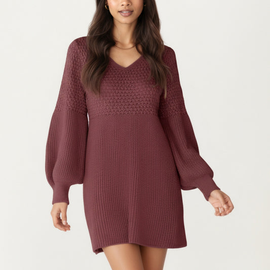 Long Sleeve Knit Sweater Dress with Textured Stitch Detail and Balloon Sleeves