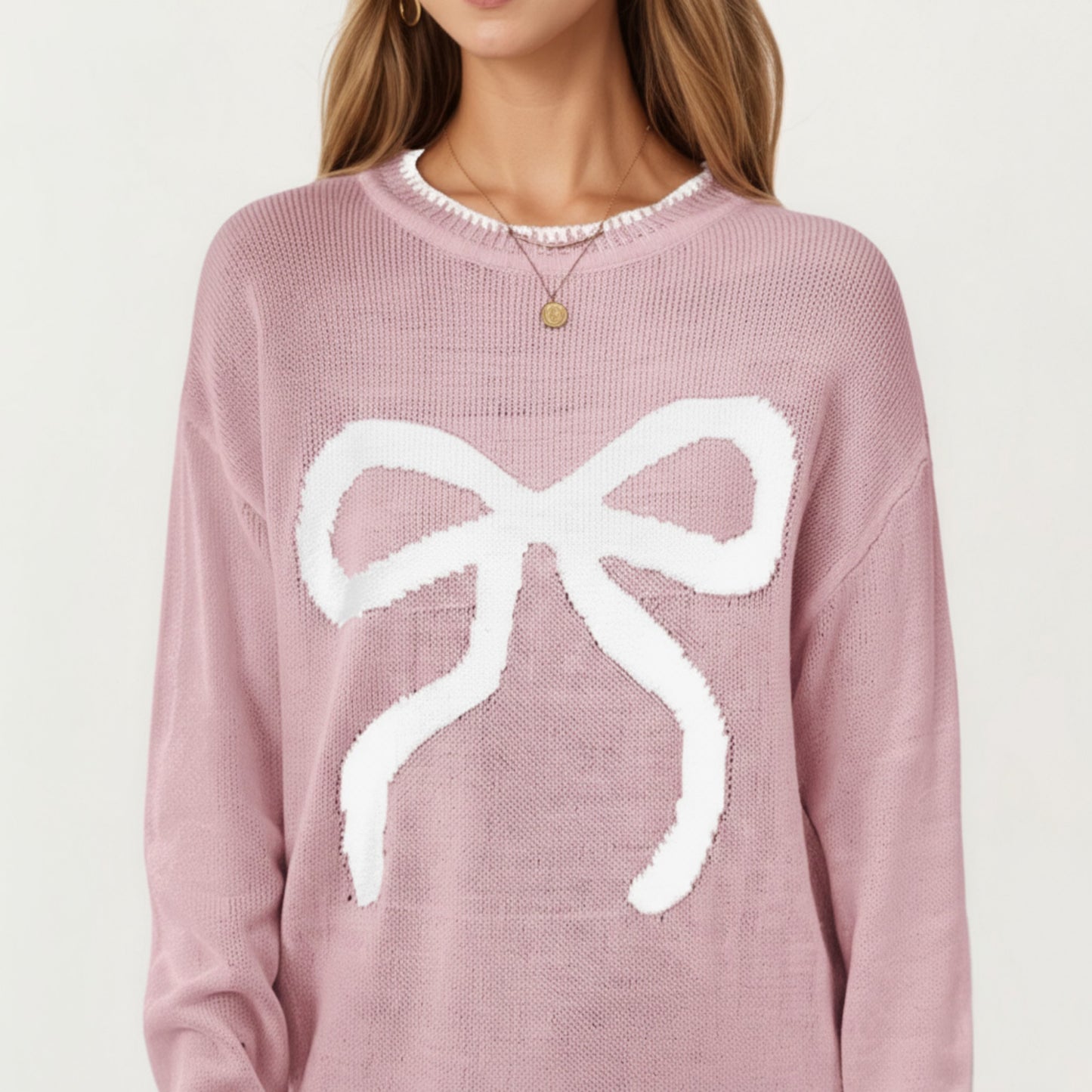 Long Sleeve Knit Sweater with Textured Bow Front Detail and Ribbed Trim