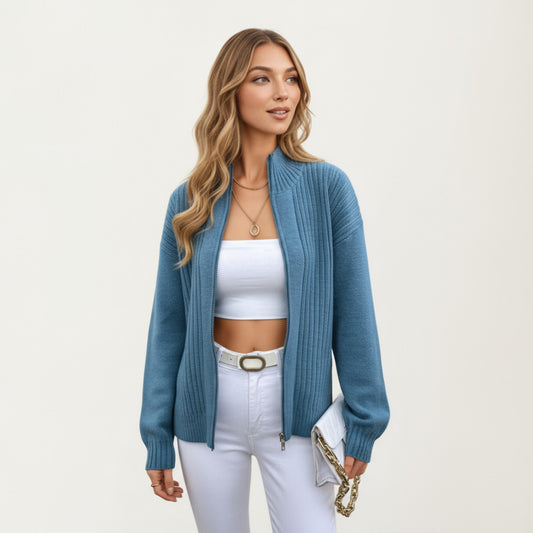 Ribbed Knit Zip-Up Cardigan with High Collar and Long Sleeves
