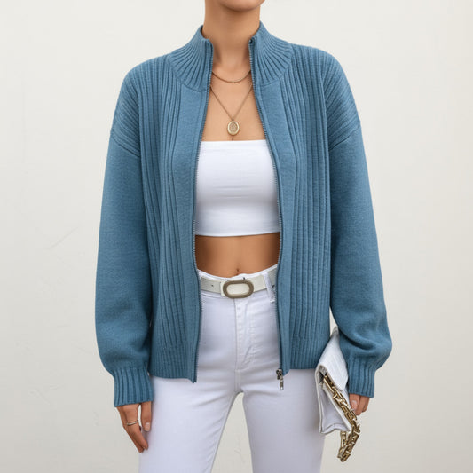 Ribbed Knit Zip-Up Cardigan with High Collar and Long Sleeves