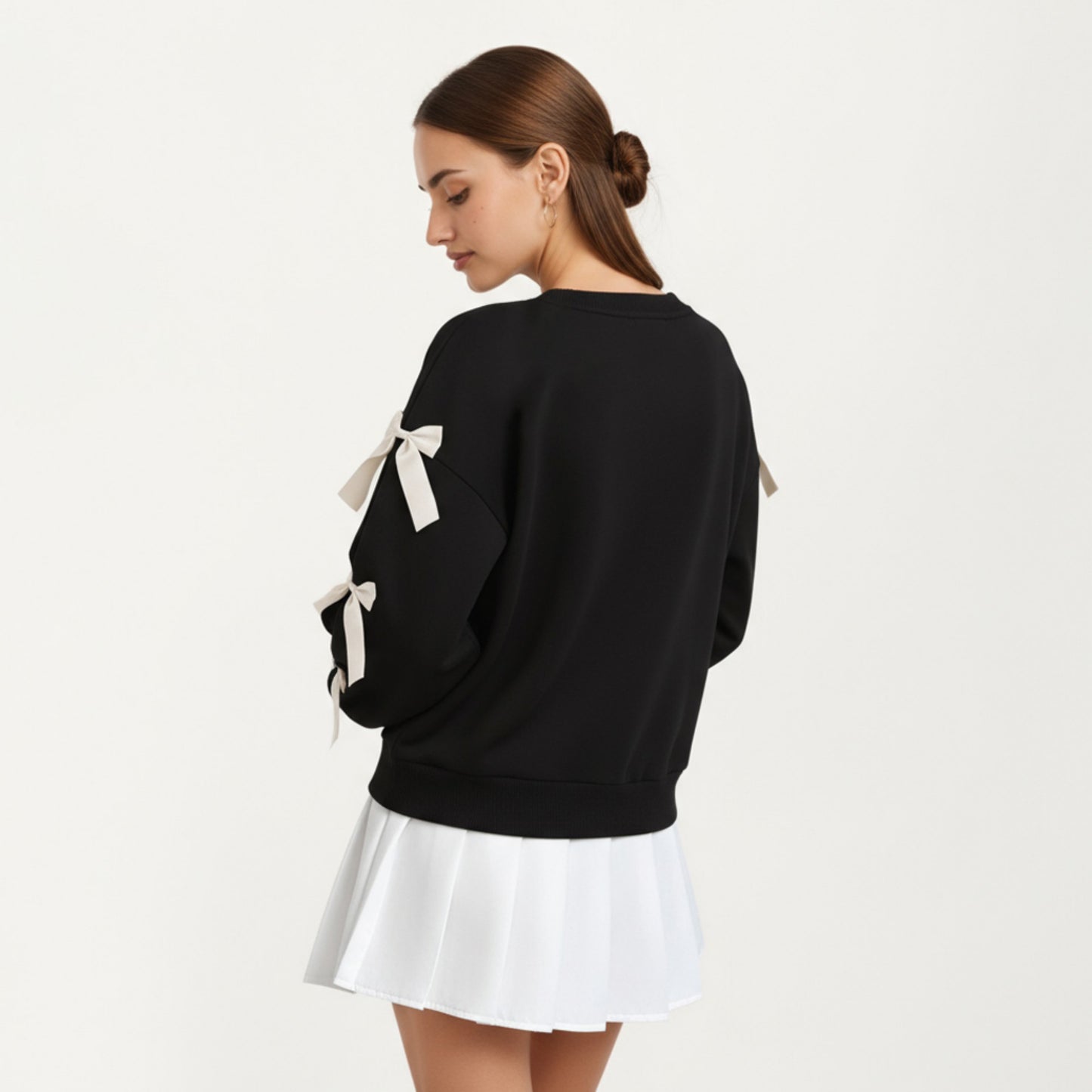 Long Sleeve Pullover Sweatshirt with Ribbon Bow Tie Details on Sleeves
