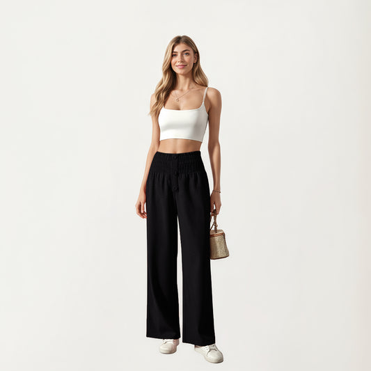 Soft Textured Knit Lounge Pants with Wide Leg Silhouette and Stretch High Waistband Featuring Decorative Button Front Detail