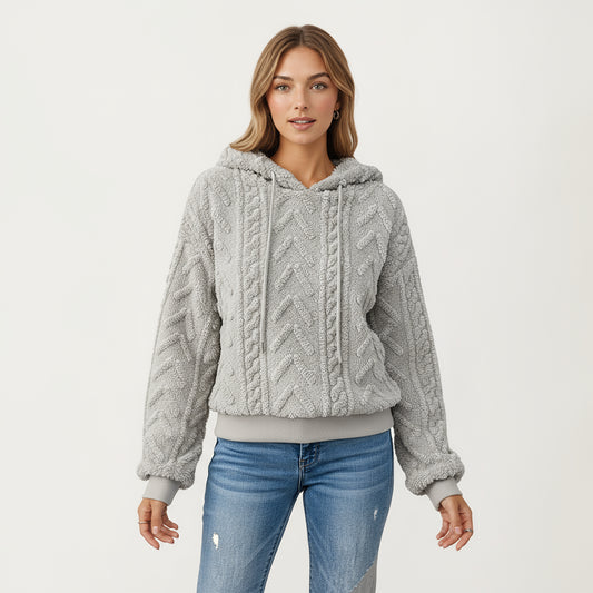 Plush Textured Hoodie with Cable Inspired Patterning, Soft High Pile Fabric, Relaxed Long Sleeves and Ribbed Trim Accents