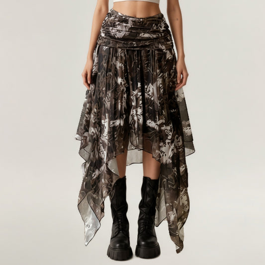 Asymmetrical Floral Chiffon Midi Skirt with Draped Waist and Layered Handkerchief Hem