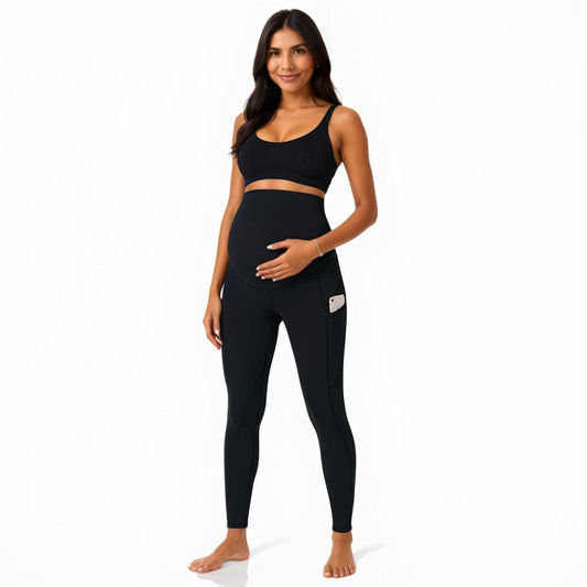 High Waist Maternity Leggings with Over Belly Panel and Side Utility Pockets for Supportive Stretch Comfort