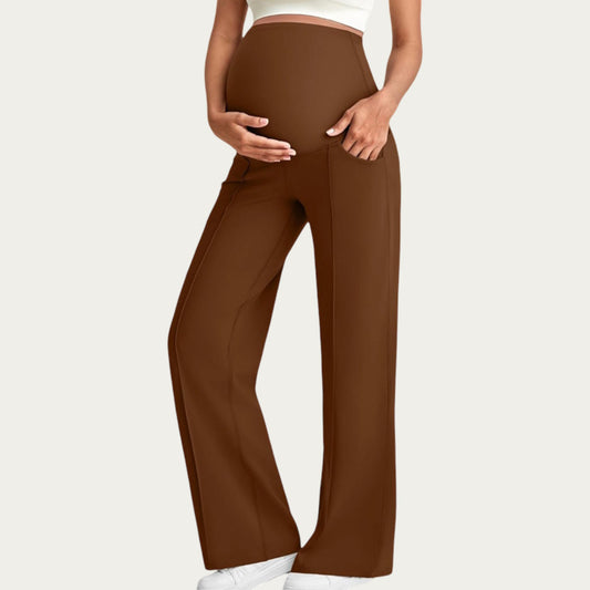 Soft Stretch Maternity Pants with Full Belly Panel and Front Seam Detailing for Smooth Support and Flattering Wide Leg Fit