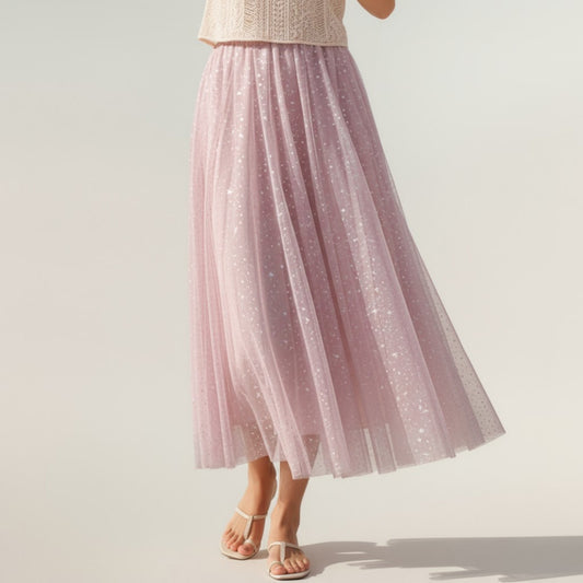 Sparkle Tulle Midi Skirt with Soft Flowing Mesh Layers Comfortable Elastic Waist and Textured Shimmering Detail