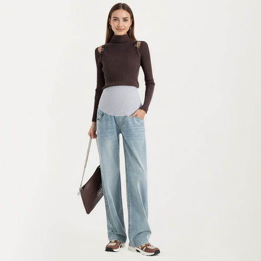 Maternity Full Panel Wide Leg Jeans with Supportive Stretch Waistband and Relaxed Straight Silhouette Featuring Classic Seam Details