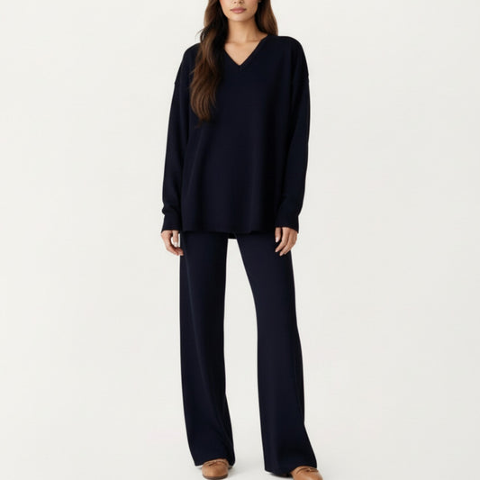 Maternity Relaxed Fit Long Sleeve V-Neck Top and Soft Wide-Leg Lounge Pants Set with Easy Stretch Fabric