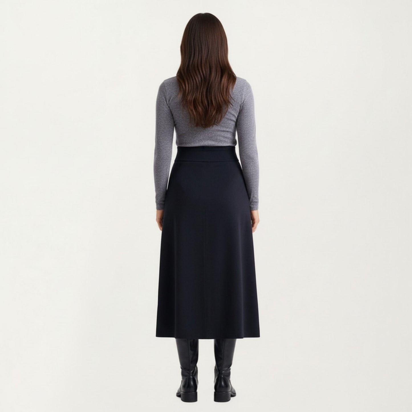 Maternity High Waist Stretch Knit Midi Skirt with Seamless Support Panel and Smooth Flattering Soft Draped Silhouette